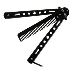 Biztonságos gyakorló pillangókés tompa, rozsdamentes acél pengével, fésűvel, 21,2 cm, fekete