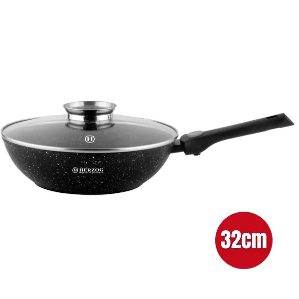 Herzog hr-3618: 32cm-es márvány bevonatú wok, aromakupakos fedéllel és levehető fogantyúval