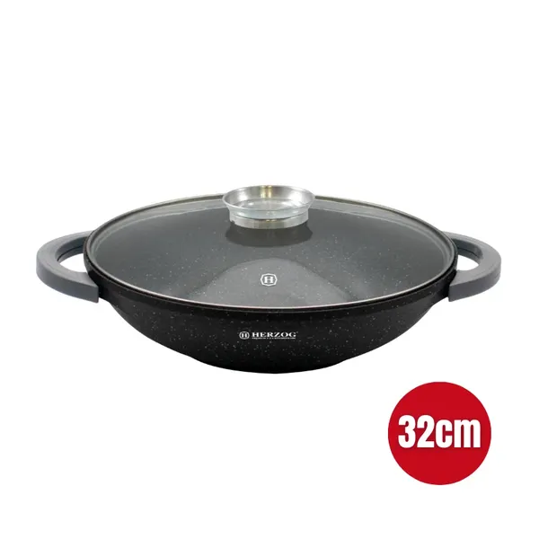 Herzog HR-5229: 32cmMárvány bevonatú wok üvegfedéllel, aromás gomb - 4.3L