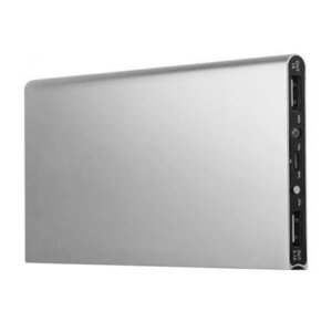 Ultravékony power bank beépített LED zseblámpával, 2 USB porttal, 20000mAh, ezüst szín