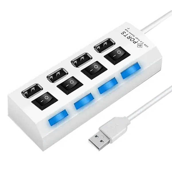 4 portos USB 2.0 hub kapcsolókkal, LED jelzőkkel, fehér