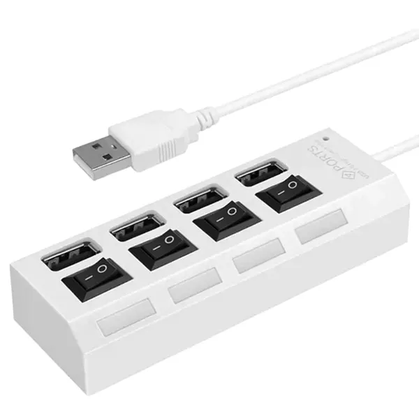 4 portos USB 2.0 hub kapcsolókkal, LED jelzőkkel, fehér