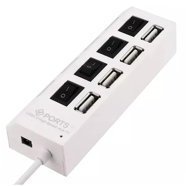 4 portos USB 2.0 hub kapcsolókkal, LED jelzőkkel, fehér