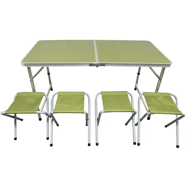 Kemping összecsukható asztal és 4 szék - zöld, 120x60x70 cm