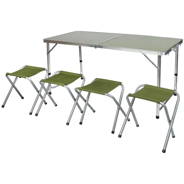 Kemping összecsukható asztal és 4 szék - zöld, 120x60x70 cm