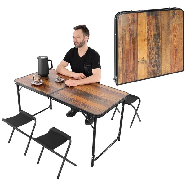 Kemping összecsukható asztal 120x60x70/62/55cm és 4 szék fa
