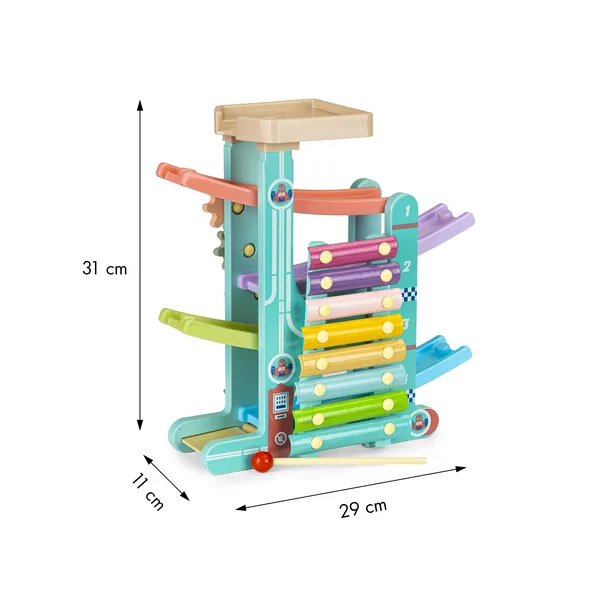 Fa autópálya csúszda + 6 autó + cimbalom ecotoys