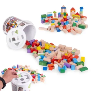 Ecotoys fa építőkocka vödör 100db gyerekeknek