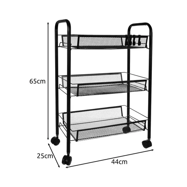 Mobil konyhai polc - fekete, 3 szintes, vas, 65x25x44 cm