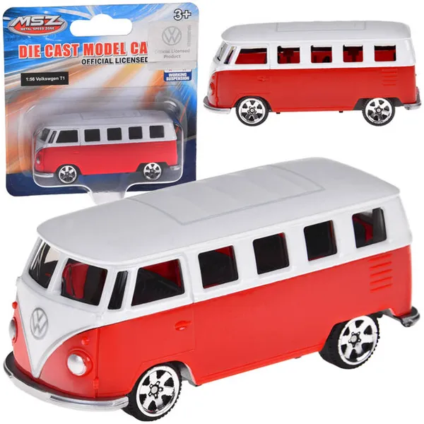 Volkswagen t1 fém modellautó 1:56 rugós piros/fehér