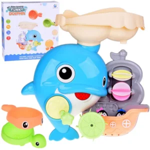 Vidám delfin fürdőjáték csónakkal és pingvinekkel