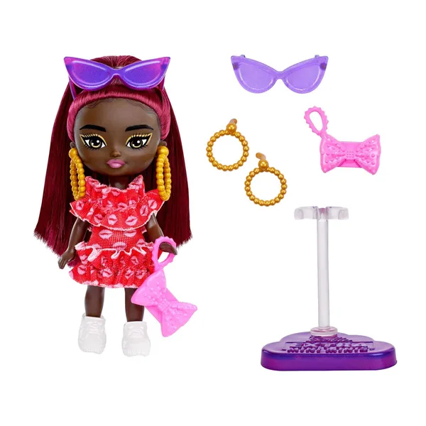 Barbie extra mini divatbaba - bordó stílus 8,5 cm