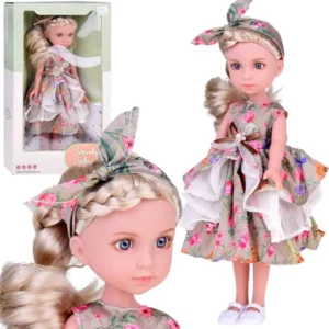 Elegáns virágos baba fejpánttal - 34 cm