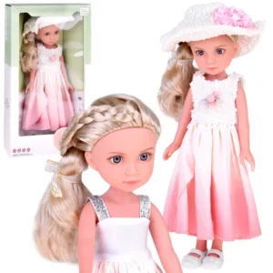 Elegáns szőke baba kalapban 34cm