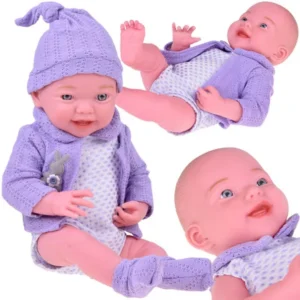 Mosolygós baba lila pulóverben és sapkában - 40 cm