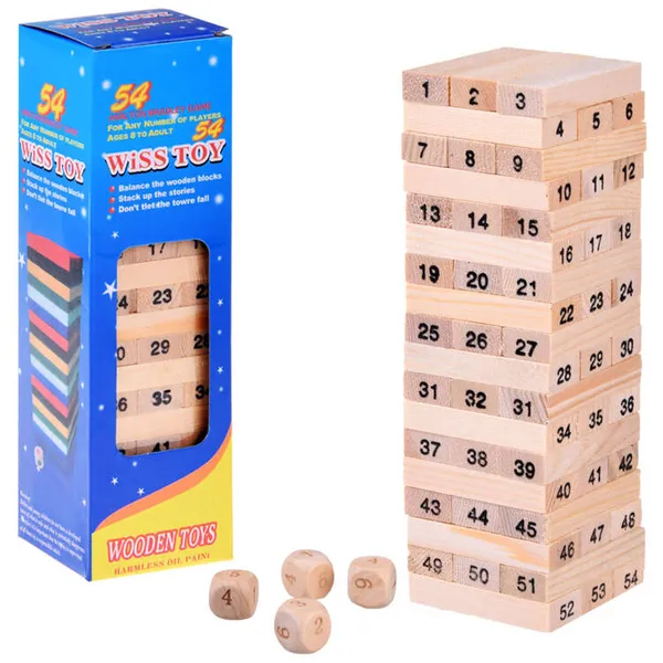 Fa jenga torony játék - 54 elem, 4 kocka, családi szórakozás