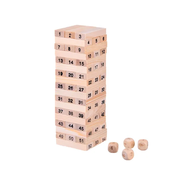 Fa jenga torony játék - 54 elem, 4 kocka, családi szórakozás