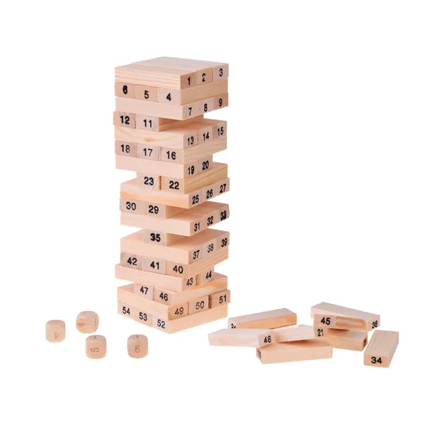 Fa jenga torony játék - 54 elem, 4 kocka, családi szórakozás