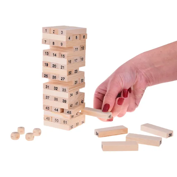 Fa jenga torony játék - 54 elem, 4 kocka, családi szórakozás