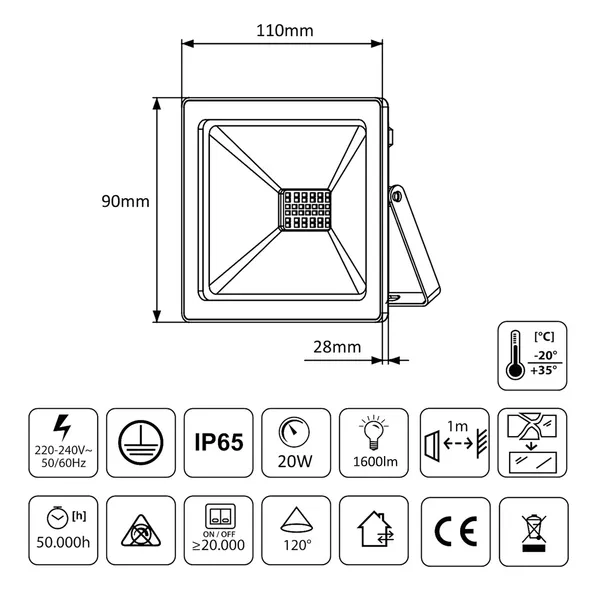 Led reflektor 20w, ip65, 4000k, 1600lm, kültéri használatra