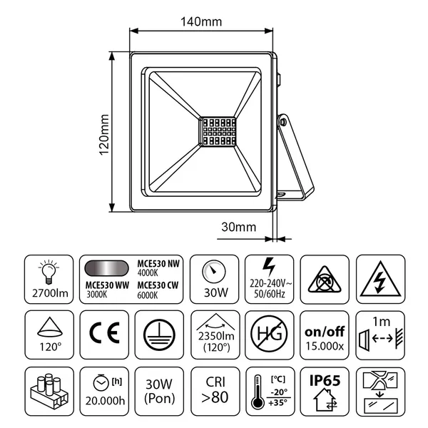 Led reflektor 30w hideg fehér ip65 kültéri 6000k