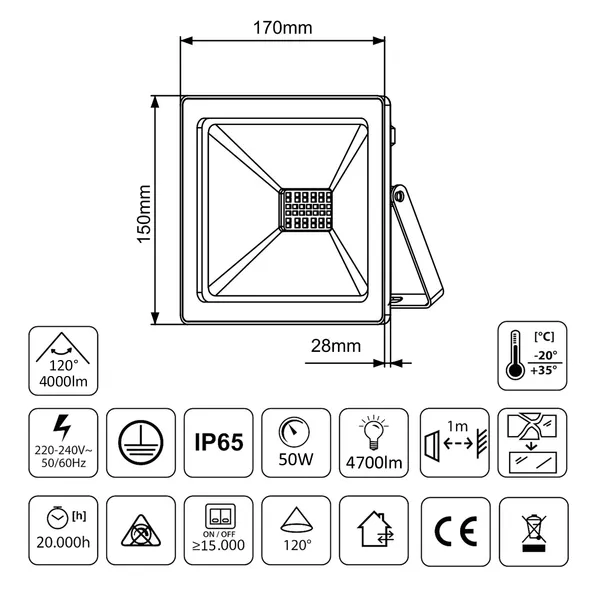 Led reflektor 50w, meleg fehér, ip65, slim design