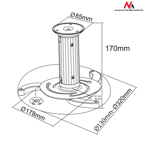 Maclean ezüst projektortartó 10kg, 360° forgatás, mc-515s