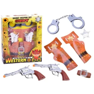 Cowboy játék készlet: revolver, öv, jelvény, bilincs