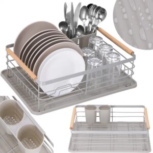 Springos® szürke-barna edényszárító, acél-műanyag-fa, 42x31x13,5 cm