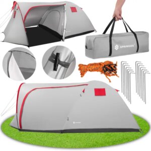 Springos® 4 személyes kempingsátor - szürke/piros, vízálló, uv-védett