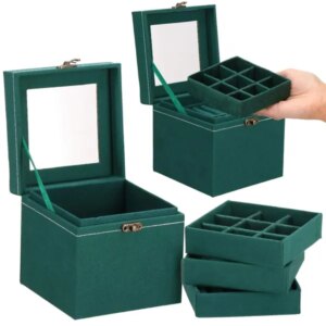 Springos velúr ékszerdoboz palackzöld 12x12x12 cm