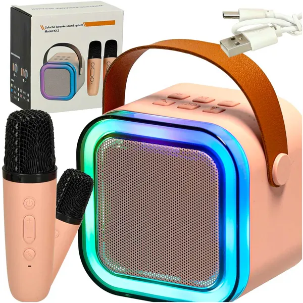 Karaoke szett 2 mikrofon + hordozható hangszóró BLUETOOTH USB LED rózsaszín