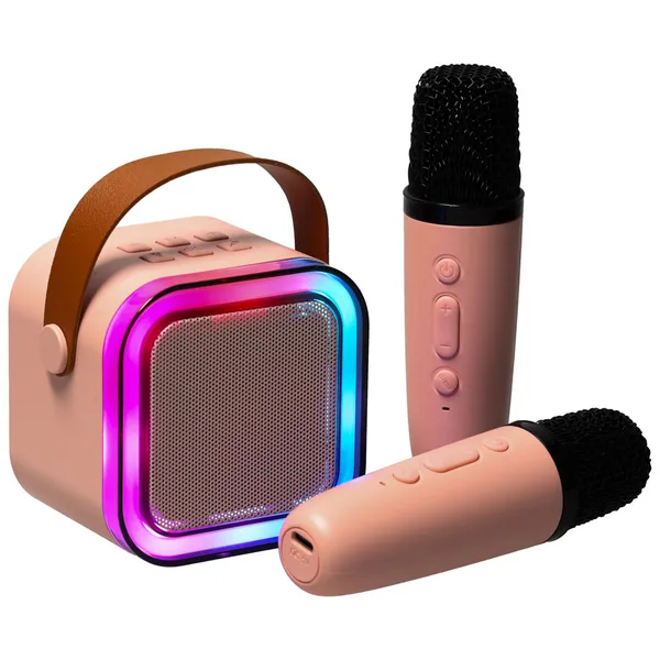 Karaoke szett 2 mikrofon + hordozható hangszóró BLUETOOTH USB LED rózsaszín - Image 2