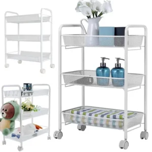 Fém kerekes polc 3 szintű 64cm fehér