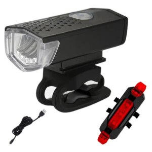 Kerékpáros LED lámpaszett, első 300 lm CREE + hátsó 5 LED, USB-töltés, vízálló