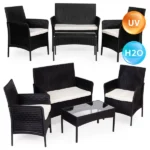 4 személyes fekete polyrattan hatású kerti bútor szett üveglapos asztallal