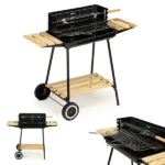 Faszenes kerti grill polcokkal, állítható 52×32 cm rostéllyal, kerekes