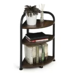 Loft sarokpolc porszórt fém vázzal, 3 sötétbarna fa polc, 32×62 cm
