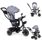ECOTOYS szürke gyerek tricikli 360° forgatható üléssel és kupolával, 12 hó+