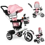 Rózsaszín forgatható üléses gyerek tricikli, gumikerékkel, napellenzővel