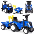 Kék New Holland lábbal hajtós traktor utánfutóval, hangos kormánnyal, 25 kg