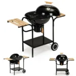Faszénes kerti grill fedéllel, 40 cm krómozott rostéllyal, polcokkal, kerekekkel