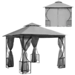 Kerti pavilon 3×3 m, szürke, acélvázas, dupla tető, 4 oldalfallal