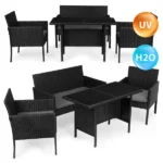 Polyrattan kerti bútor szett 4 személyre, üveglapos asztallal, fekete