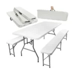 Összecsukható kerti sörpad garnitúra, 180 cm asztal + 2 pad, acél-HDPE
