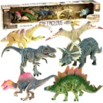 Festett dinoszaurusz figura készlet, 6 db, puha gumi, mozgatható testrészek