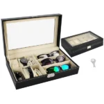 Fekete eco-bőr óra- és szemüvegtartó doboz, 6+3 rekesz, kulcsos zár