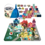 Fa építőkocka város szett, 100 db, út-puzzle, tároló vödör és zsák