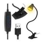 LED asztali lámpa csipesszel és talppal, 3 színhő, 10 fényerő, USB, fekete