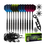 Darts készlet 12 db nyíllal, 100 puha heggyel, tartozékokkal – 18 g, fekete